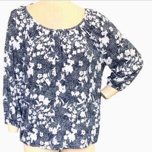 Michael Kors Cotton Modal Floral Peasant Top L Blue & White 134i